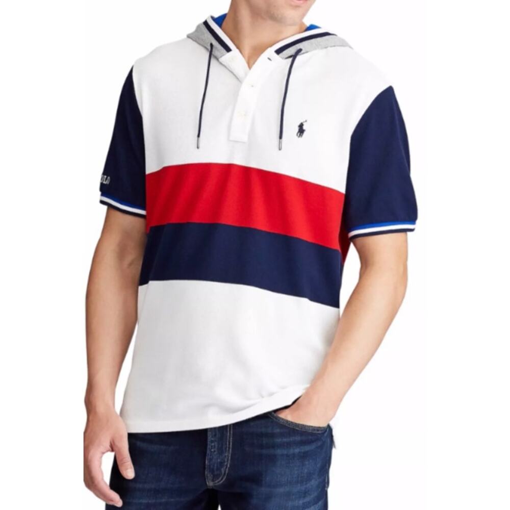 Polo Ralph Lauren Hoodie Shirt Mens Medium White Blue Henley Short Sleeve Preppy